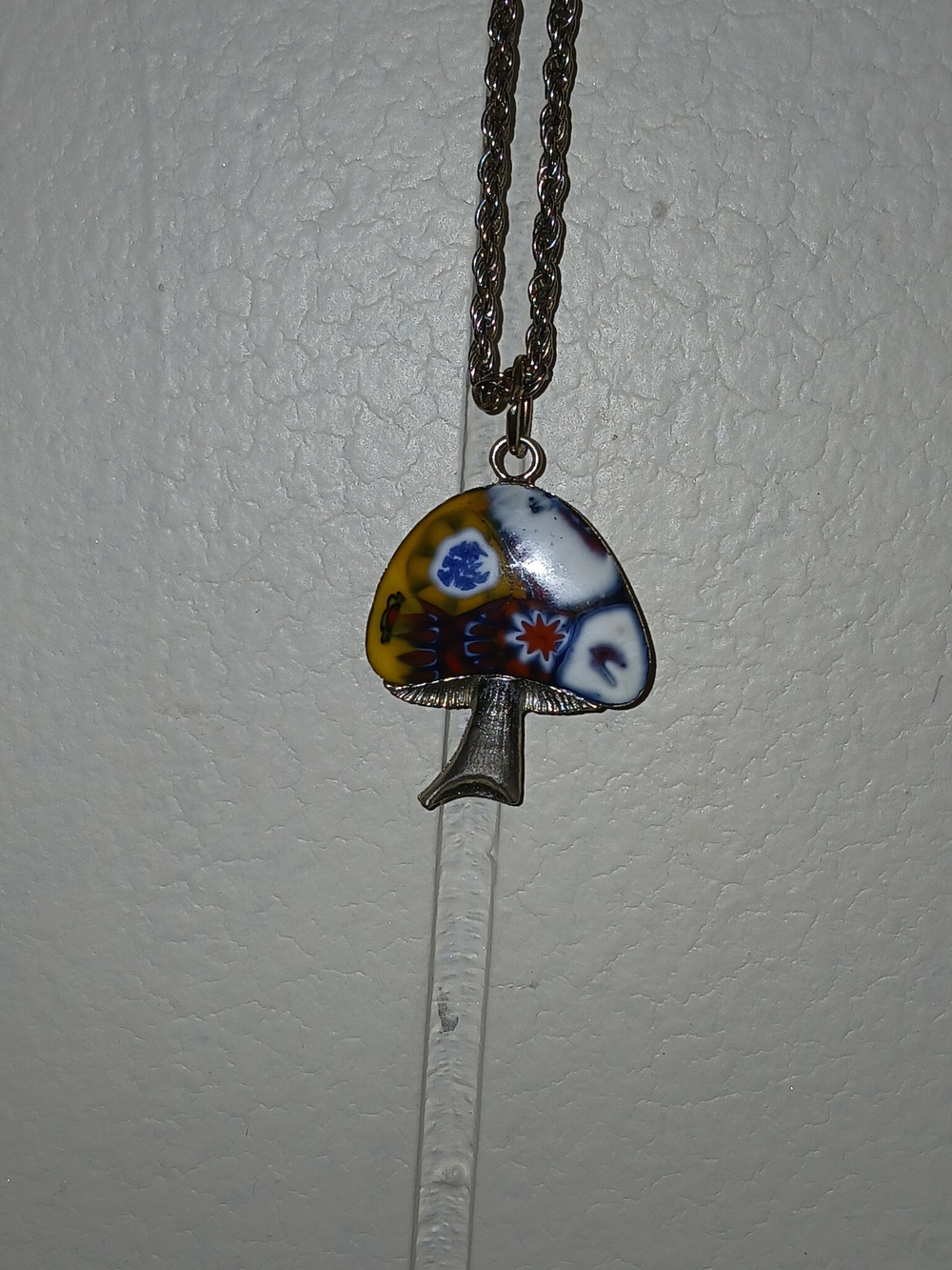 Vintage Handmade Millefiori Glass Mushroom Pendant Necklace